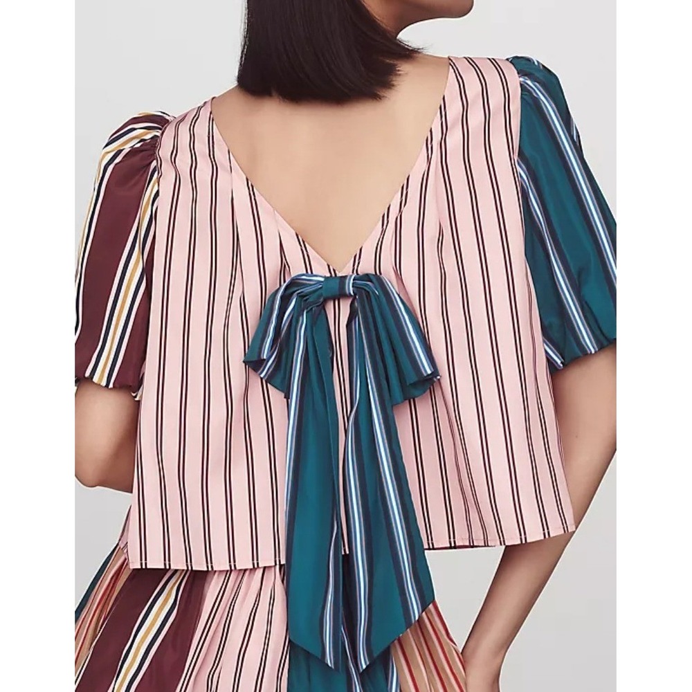 Maeve Anthropologie Taffeta Bow Swing Blouse Pink Striped Puff Sleeve Top M NEW